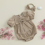 Lioraitiin Baby Girls Sweet Romper Short Sleeve Round Neck Plaid