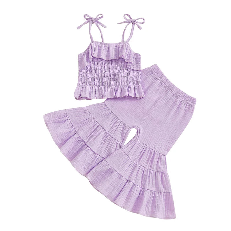 Lioraitiin Toddler Girl Set Sleeveless Smocked Lacing Strap Camisole