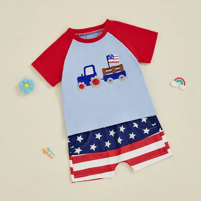 Lioraitiin Baby Boys Patriotic Outfits Tractor Embroidery Short
