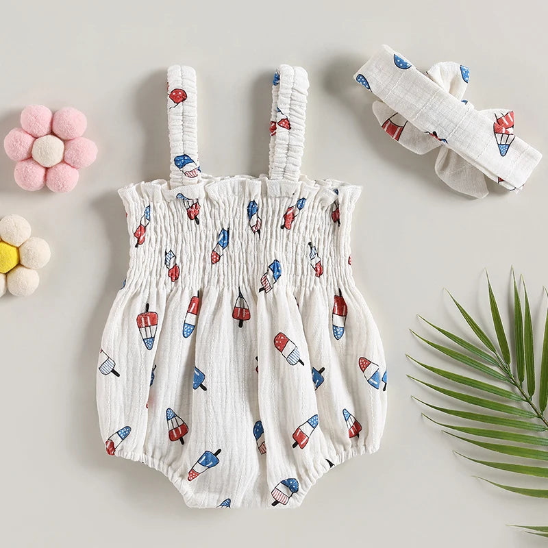 Lioraitiin 0-18M Independence Day Baby Girl Jumpsuit Set Ice Cream