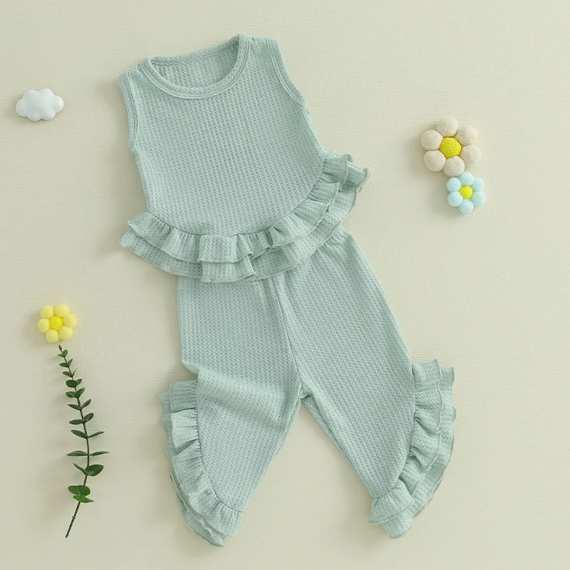 Lioraitiin Toddler Girl Outfits Solid Waffle Round Neck Ruffled Tank