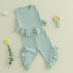 Lioraitiin Toddler Girl Outfits Solid Waffle Round Neck Ruffled Tank