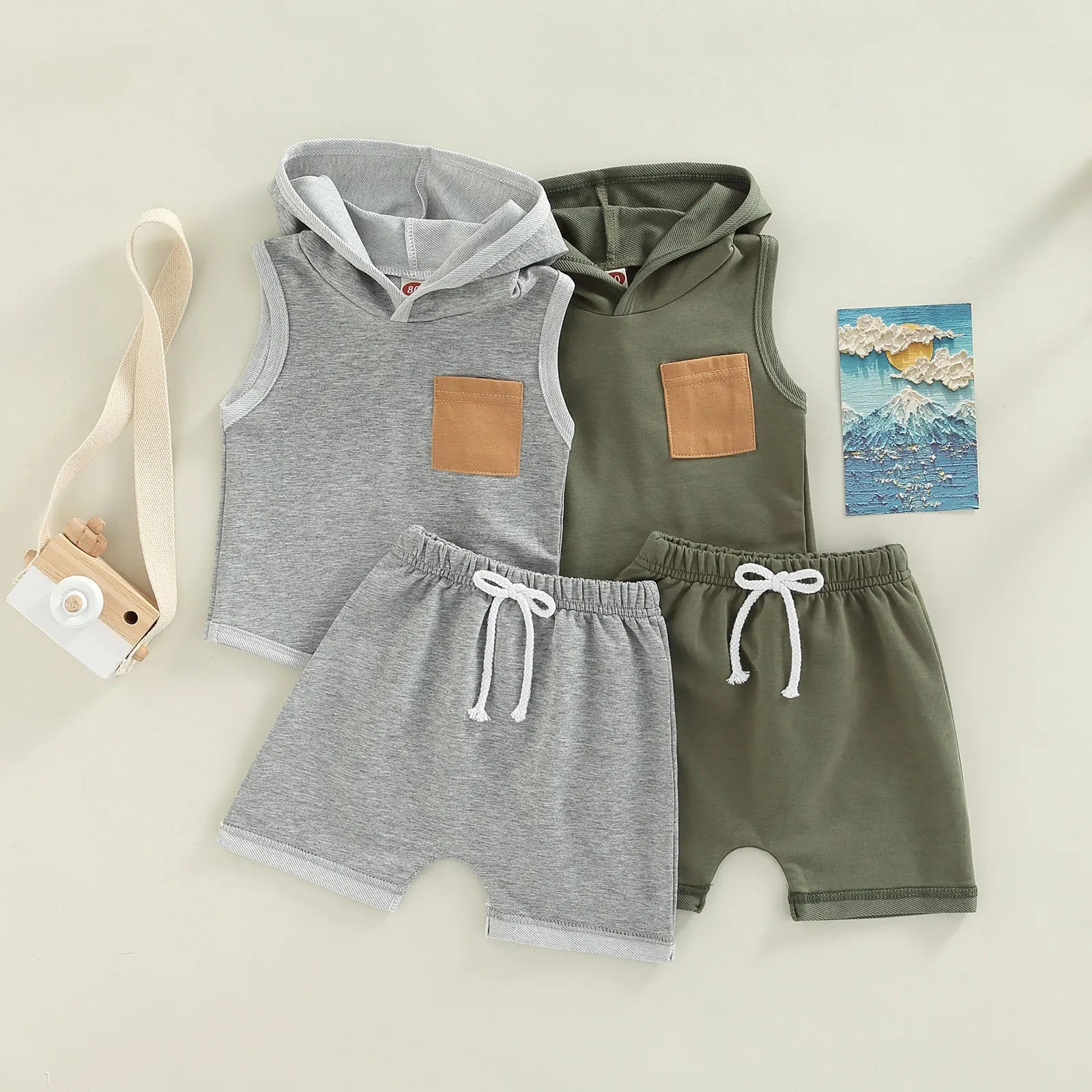 Lioraitiin 0-3Years Toddler Baby Girl Boy 2Pcs Sleeveless Hooded Top