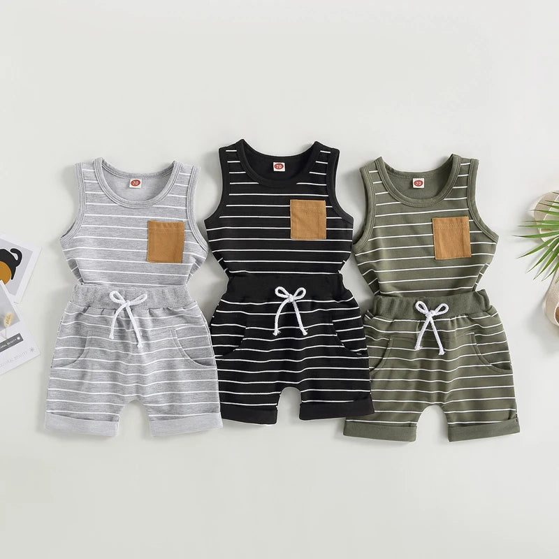 Lioraitiin 0-4Years Kids Baby Boy 2Pcs Outfits Striped Sleeveless