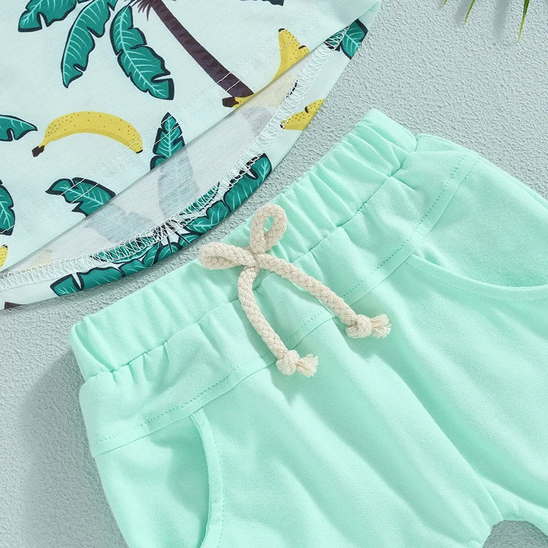 Lioraitiin 0-3Years Toddler Baby Boy 2Pcs Beach Tree Print Short