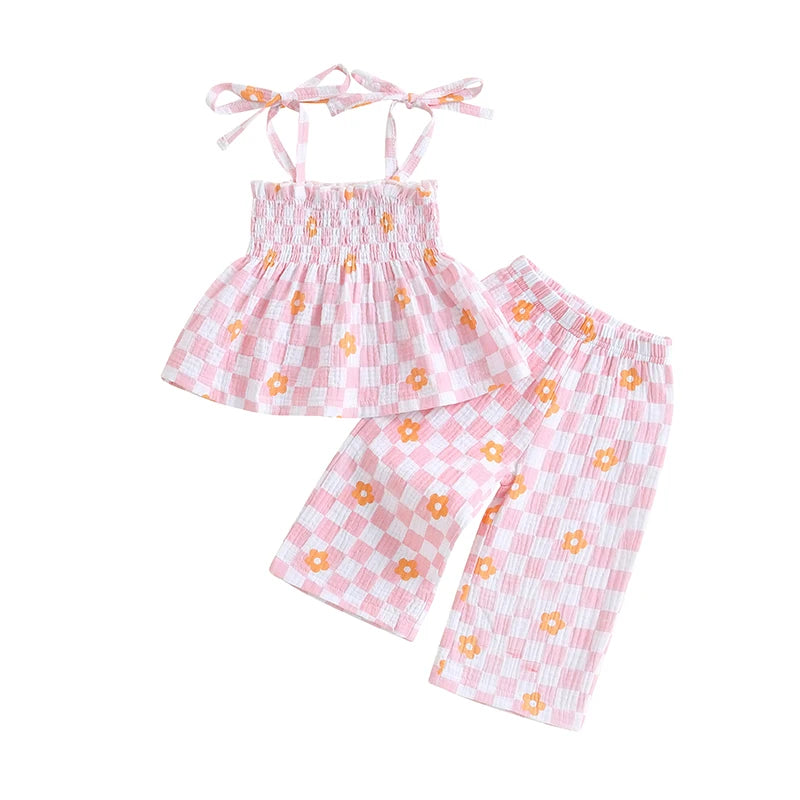 Lioraitiin Toddler Girl Outfits Plaid/Dot Print Spaghetti Strap Tank