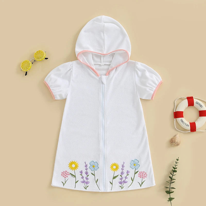 Lioraitiin Kid Girl Hooded Beach Coverup Floral Embroidery Loose Fit