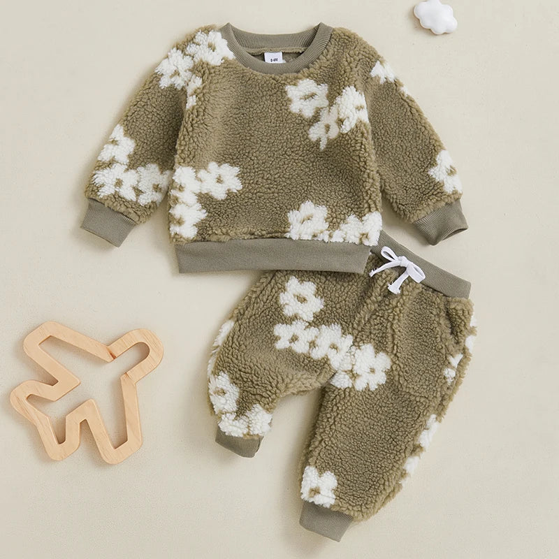 Lioraitiin Toddler Girls Outfits Floral Pattern Fuzzy Long Sleeve