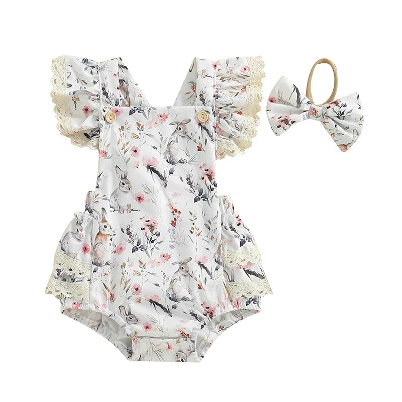 Lioraitiin Baby Girls Easter Outfits Flower Bunny Print Lace Trim
