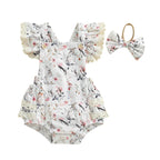 Lioraitiin Baby Girls Easter Outfits Flower Bunny Print Lace Trim