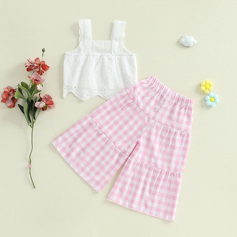 Lioraitiin Toddler Girl Eyelet Embroidery Cami Tops+Elastic Waist