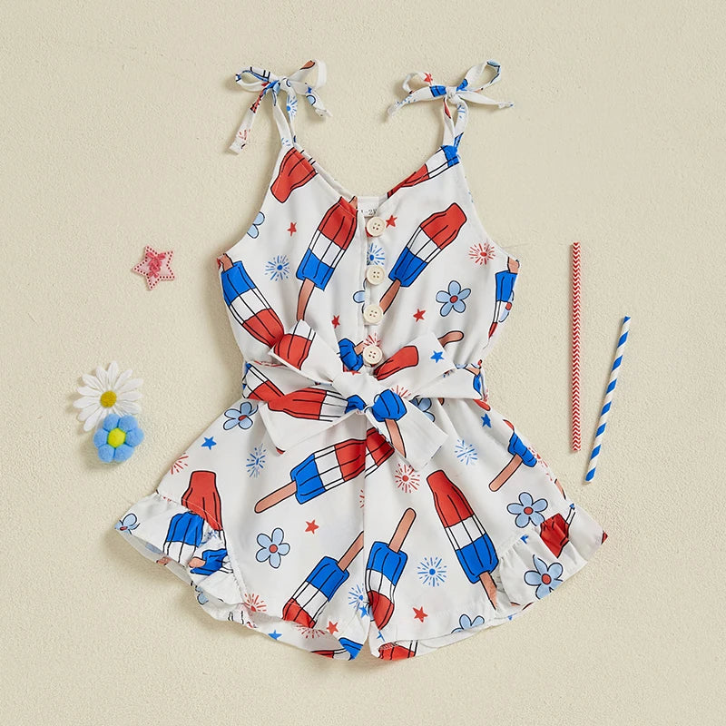 Lioraitiin Kid Girl 4th of July Overalls Shorts Bow/Popsicle Print