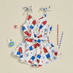 Lioraitiin Kid Girl 4th of July Overalls Shorts Bow/Popsicle Print