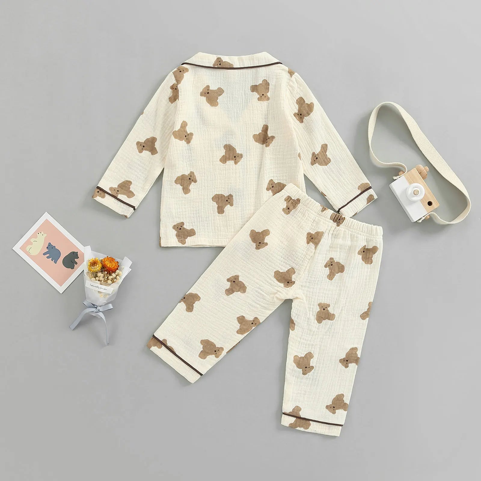 Lioraitiin 0-6Years Kids Unisex Pajama Suit Bear Printed Long Sleeve