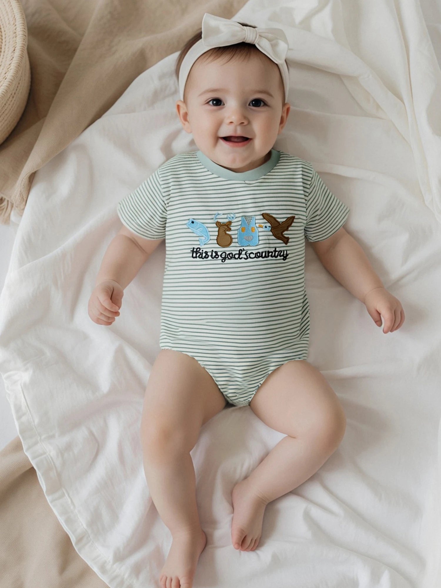 Lioraitiin Baby Boys Rompers Letter Animals Embroidery Stripe O-Neck