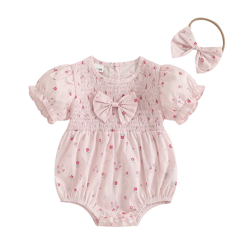 Lioraitiin Baby Girl Outfits Floral Pattern Smocked Crew Neck Short