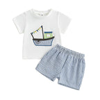 Lioraitiin Toddler Baby Boy Shorts Set Boat Embroidery Short Sleeve