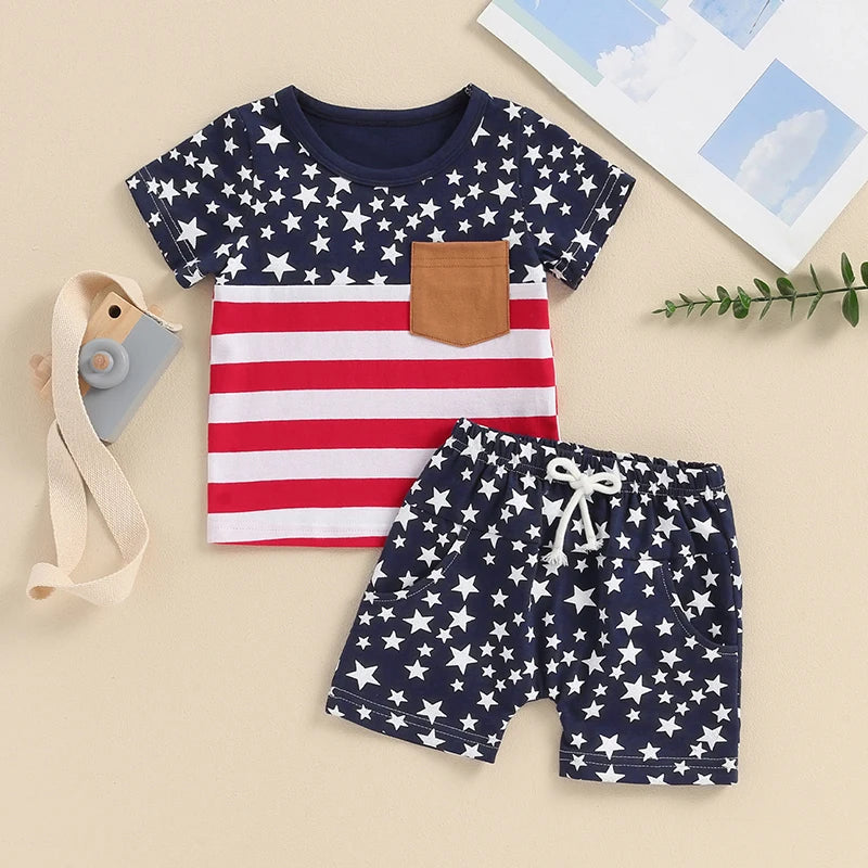 Lioraitiin Toddler Baby Boy 4th of July Outfits O-Neck Short Sleeve