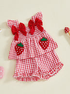 Lioraitiin Toddler Baby Girl Outfit Strawberry Embroidered Plaid Bows