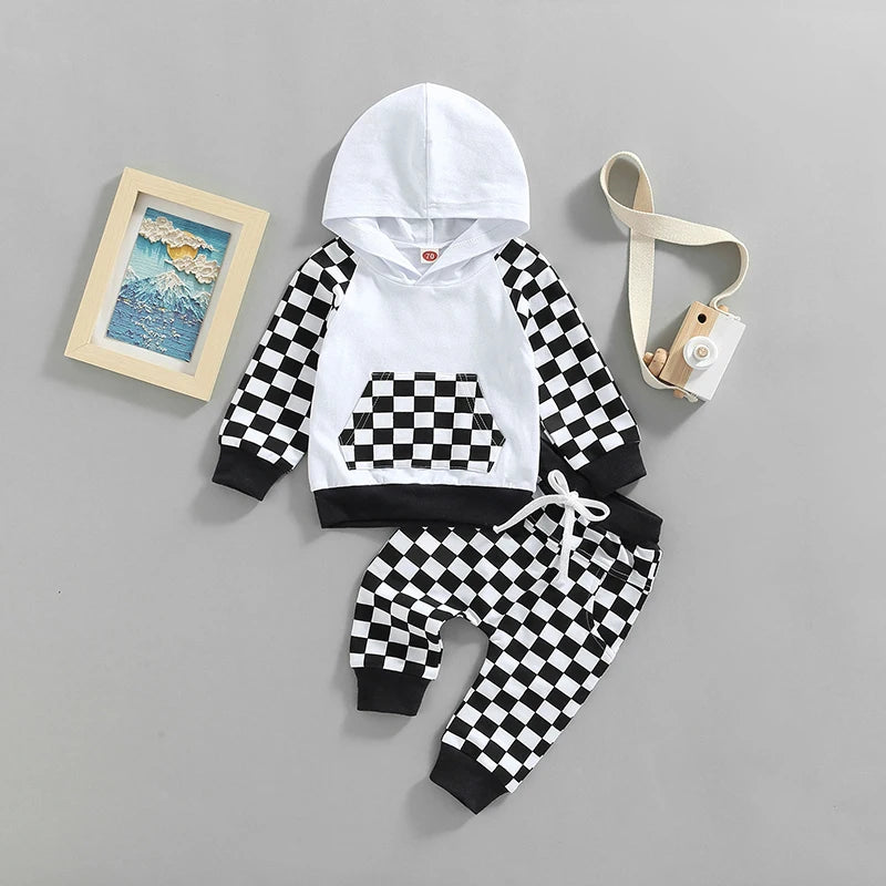 Lioraitiin 0-4Years Girl Boy Outfit 2Pcs Set Plaid Long Sleeve Hoodie
