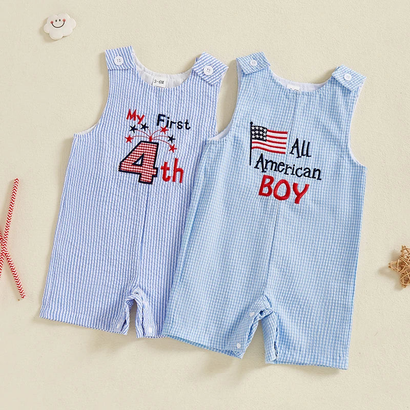 Lioraitiin Baby Boy 4th of July Romper Star Letter Striped Sleeveless