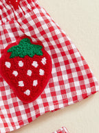 Lioraitiin Toddler Baby Girl Outfit Strawberry Embroidered Plaid Bows