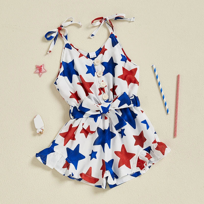 Lioraitiin Kid Girl 4th of July Overalls Shorts Bow/Popsicle Print