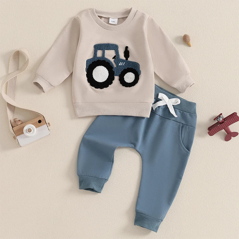 Lioraitiin Toddler Boy Outfits Tractor Embroidery Long Sleeve