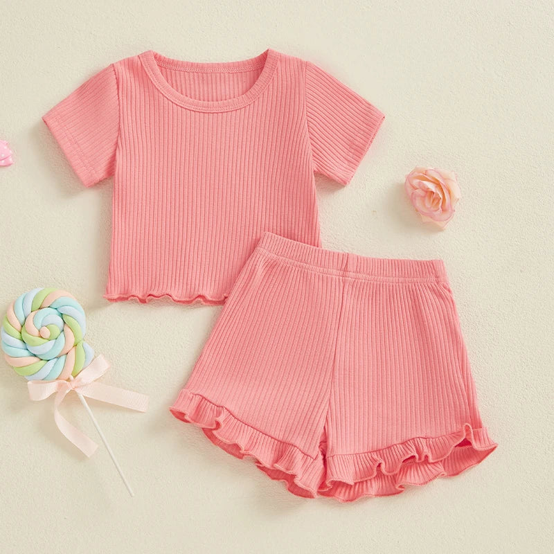 Lioraitiin Toddler Baby Girl Ribbed Outfit Solid Color Short Sleeve