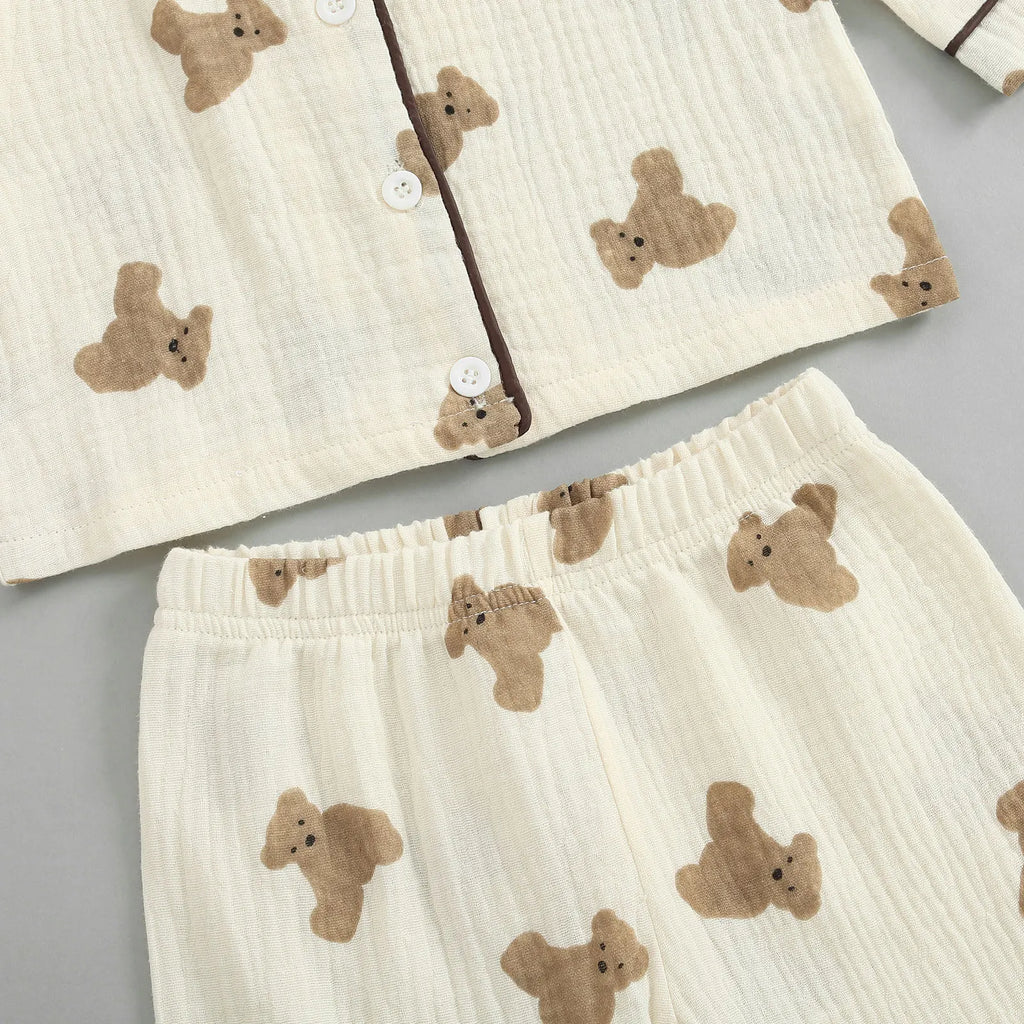 Lioraitiin 0-6Years Kids Unisex Pajama Suit Bear Printed Long Sleeve