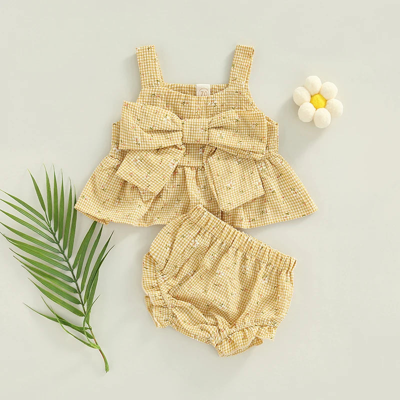 Lioraitiin Infant Baby Girl Outfits Suit Plaid Pattern Floral Printed