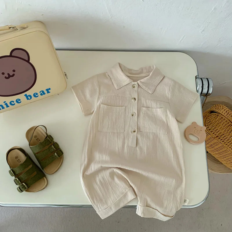 Lioraitiin Baby Boy Jumpsuit Short Sleeve Lapel Button Up Solid Color