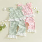 Lioraitiin 2Pcs Toddler Girls Outfits Flying Sleeve Crew Neck Plaid