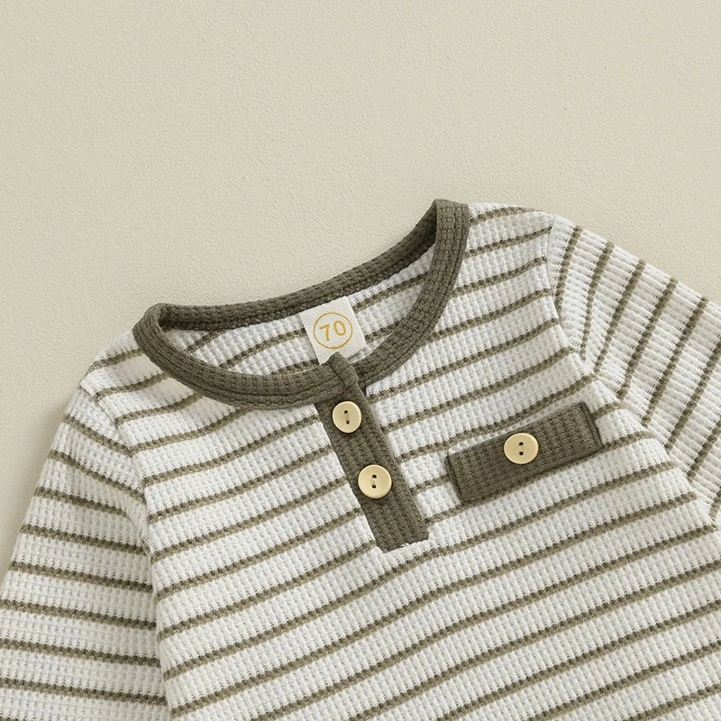 Lioraitiin 0-18M Newborn Baby Boy Girl Waffle Knit Striped Romper