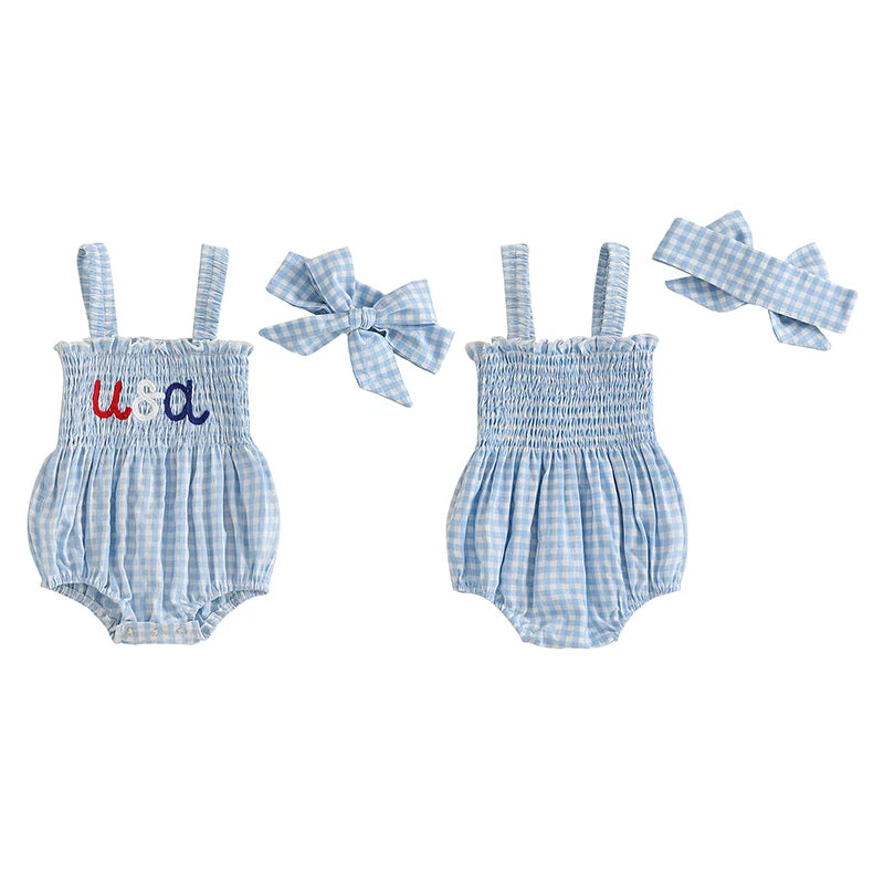 Lioraitiin Baby Girl July 4th Outfit Plaid Letter Embroidery Shirred
