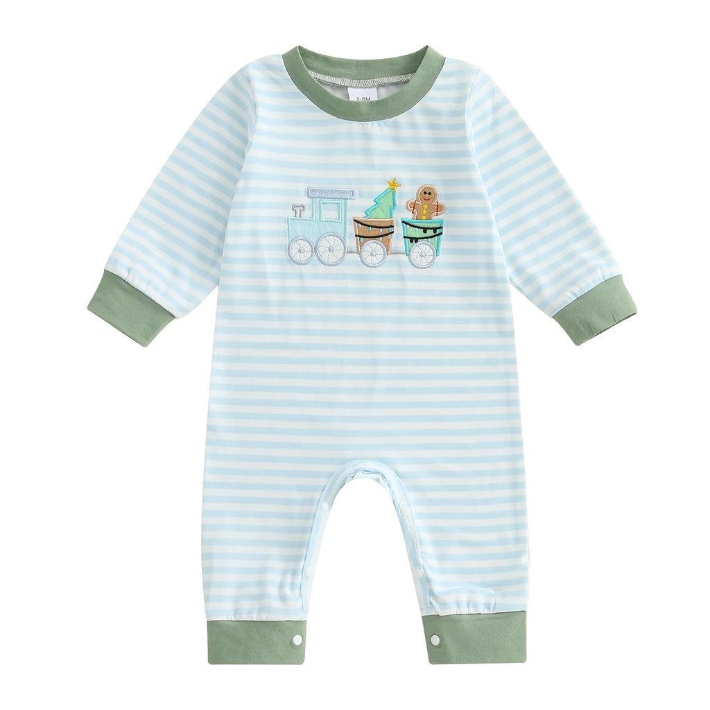 Lioraitiin Baby Boy Romper Embroidered Striped Crew Neck Long Sleeve