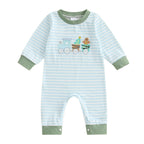 Lioraitiin Baby Boy Romper Embroidered Striped Crew Neck Long Sleeve