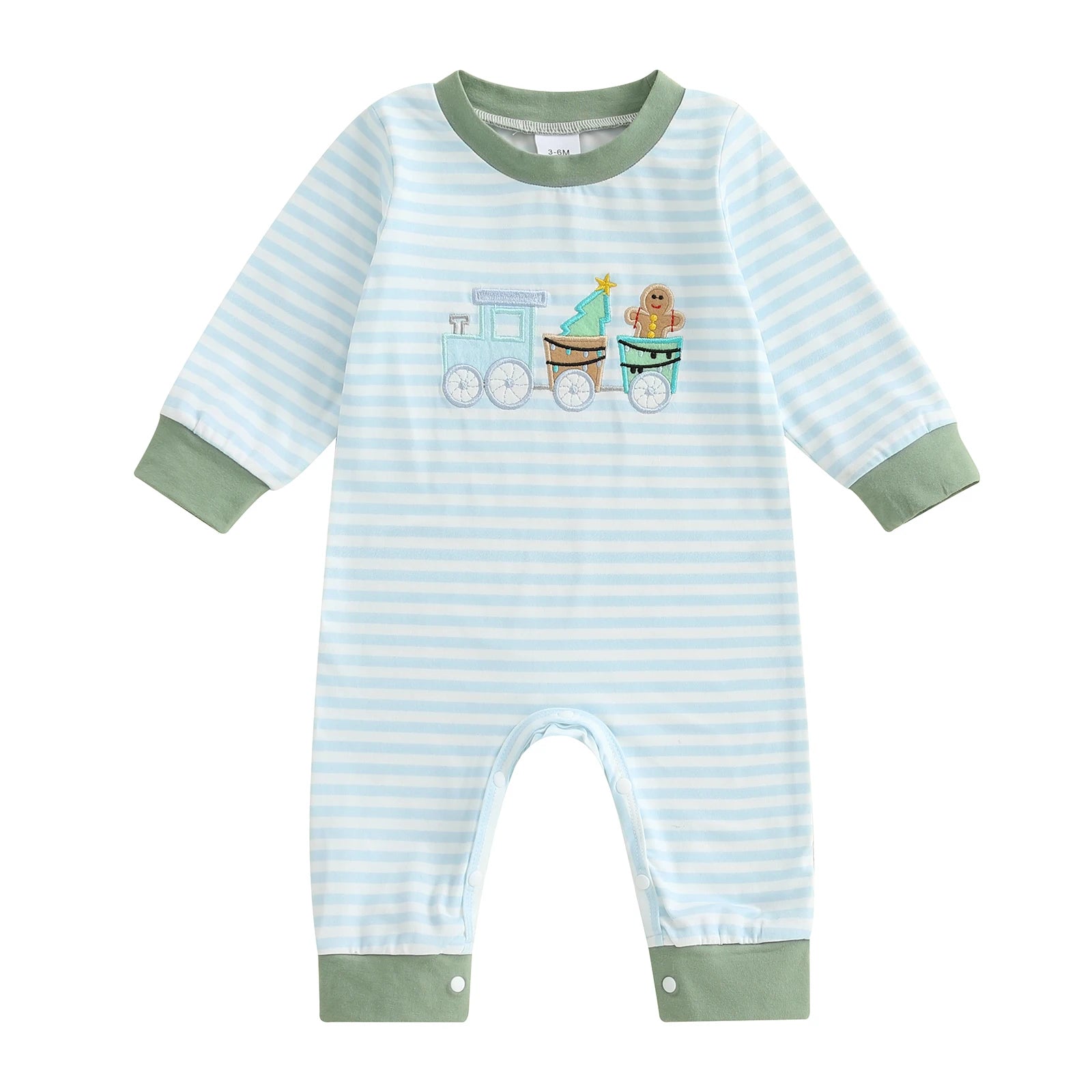 Lioraitiin Baby Boy Romper Embroidered Striped Crew Neck Long Sleeve