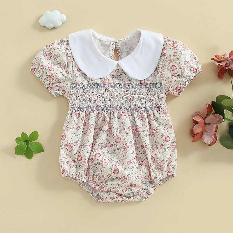 Lioraitiin Newborn Baby Girl Romper Short Sleeve Doll Collar Floral