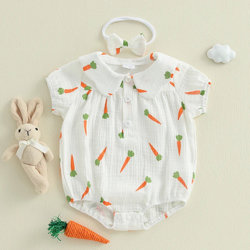 Lioraitiin Baby Girls Rompers Easter Carrot Print Doll Collar Short