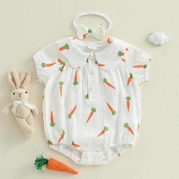 Lioraitiin Baby Girls Rompers Easter Carrot Print Doll Collar Short