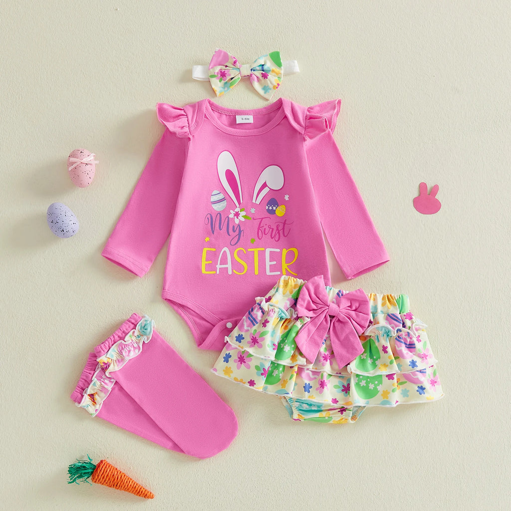 Baby Girl Easter Outfit, Long Sleeve Letters Romper with Eggs Print