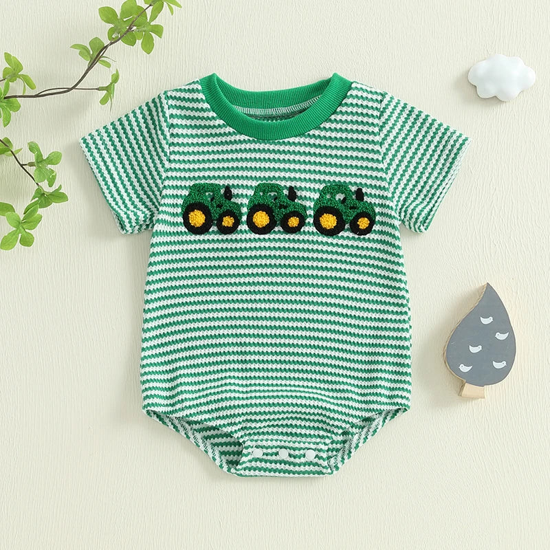 Lioraitiin Baby Girls Boys Rompers Waffle Truck Embroidery Stripe