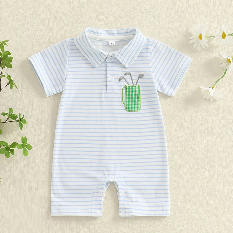 Lioraitiin Baby Boys Striped Jumpsuit Short Sleeve Turn Down Collar