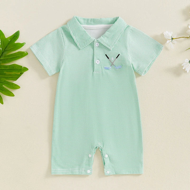 Lioraitiin Baby Boys Striped Jumpsuit Short Sleeve Turn Down Collar