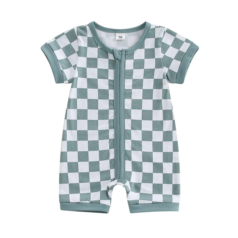 Lioraitiin Baby Boys Romper Checkerboard Print Short Sleeve Round
