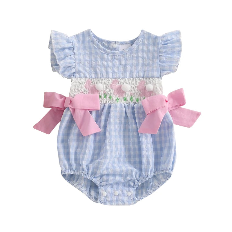Lioraitiin Baby Girls Rompers Easter Rabbit Embroidery Plaid Fly
