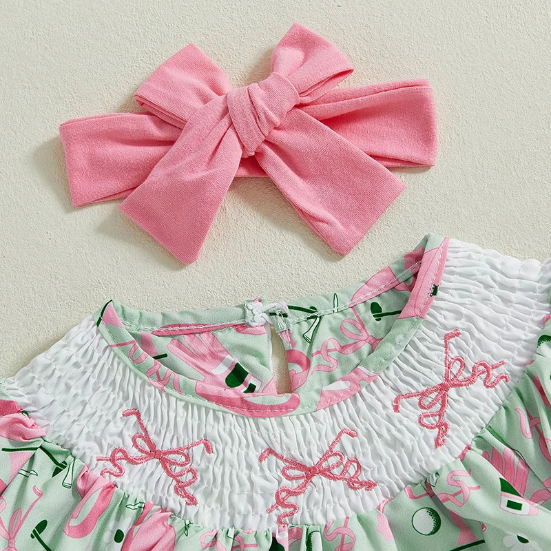 Lioraitiin Toddler Baby Girl Golf Outfit Bow Shirred Short Sleeve