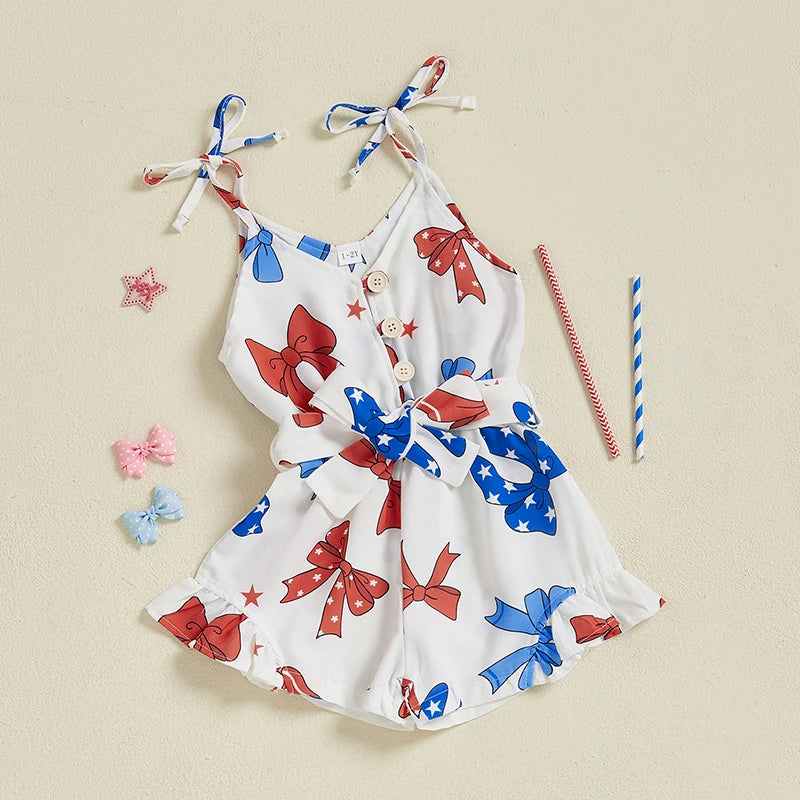 Lioraitiin Kid Girl 4th of July Overalls Shorts Bow/Popsicle Print