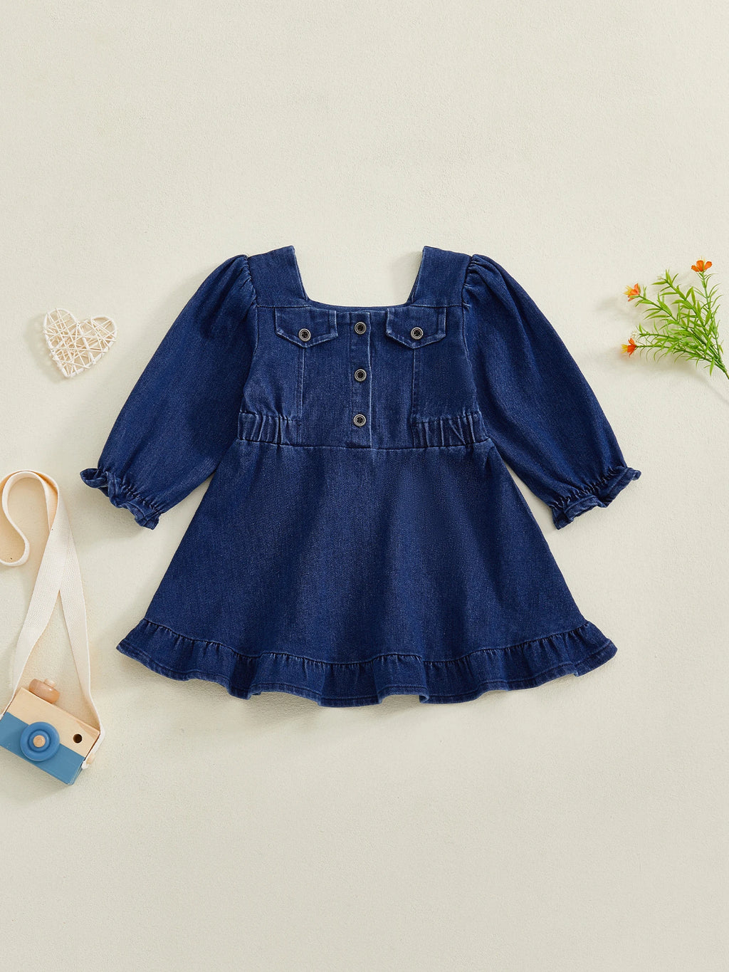 Lioraitiin Toddler Baby Girl Denim Dress Long Puff Sleeve Button Down